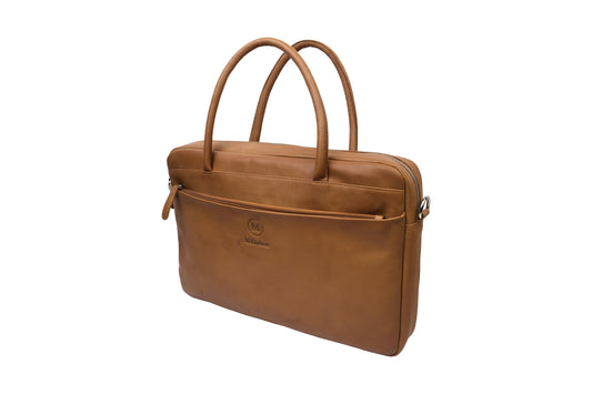 Side view of cognac full-grain leather laptop bag