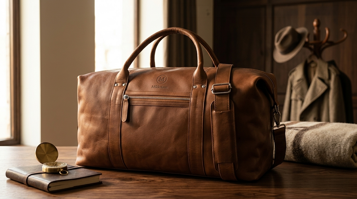 Mikkelsen Copenhagen cognac full-grain leather travel bag, vegetable-tanned weekender on wooden table