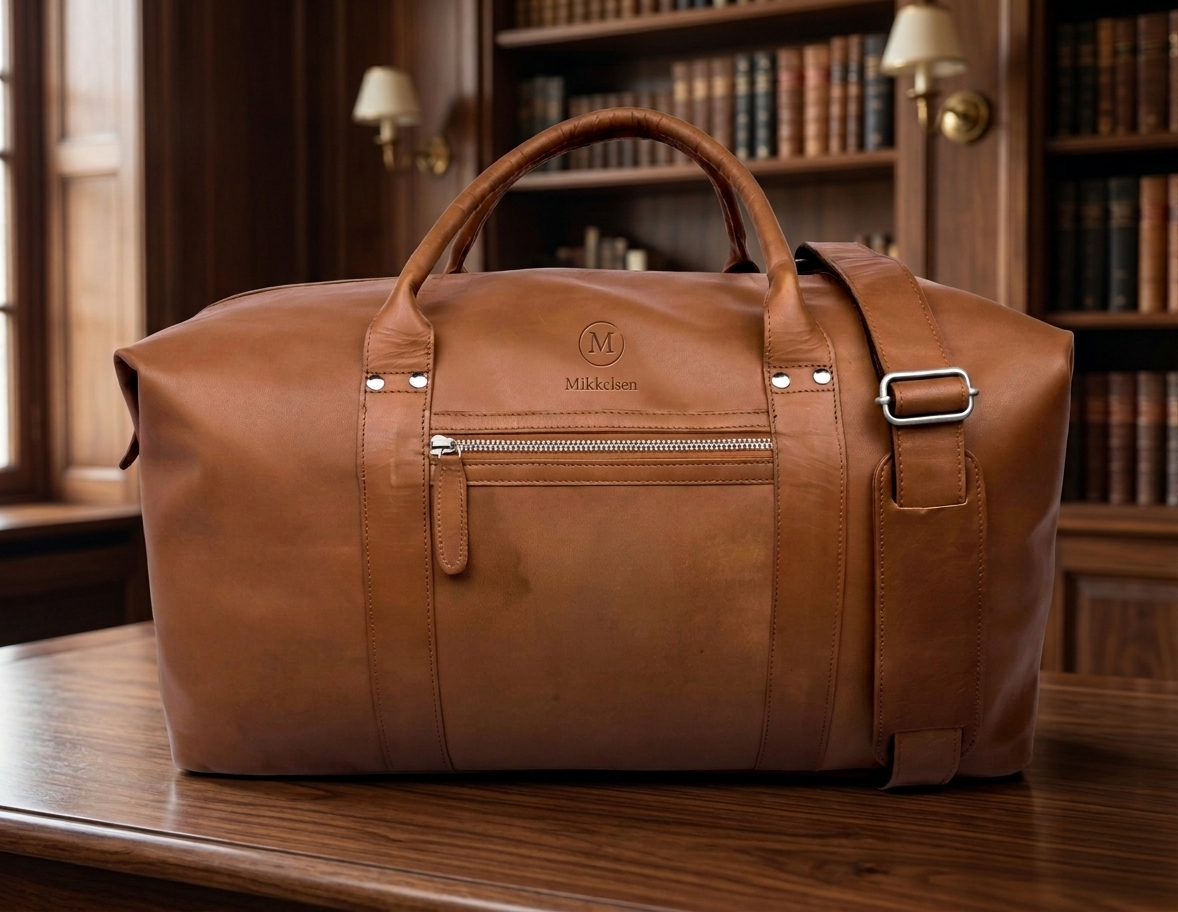 Close-up of cognac vegetable-tanned leather grain texture, Mikkelsen Copenhagen travel bag
