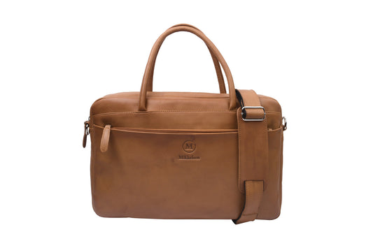 Mikkelsen Copenhagen Cognac Laptop Bag, full-grain vegetable-tanned leather work bag with adjustable leather shoulder strap