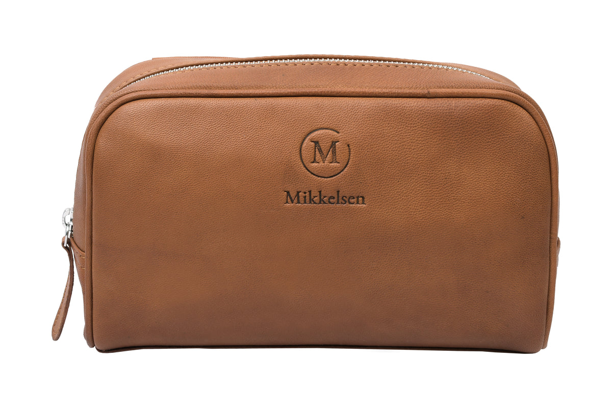 Mikkelsen Copenhagen Cognac Toiletry Bag, full-grain vegetable-tanned leather dopp kit
