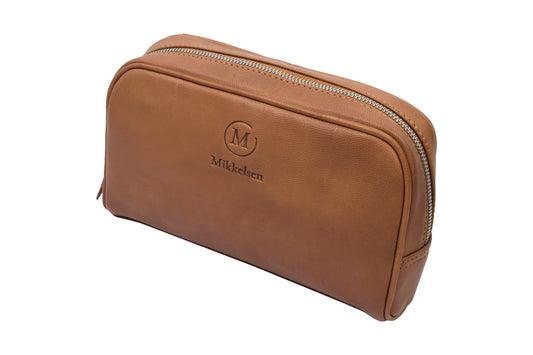 Cognac leather toiletry bag, Scandinavian travel accessory
