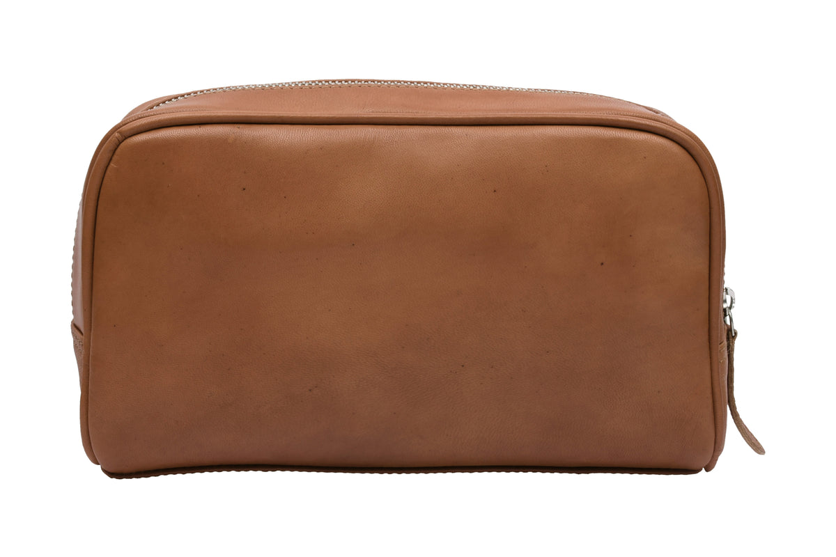 Cognac leather toiletry bag, Scandinavian travel accessory