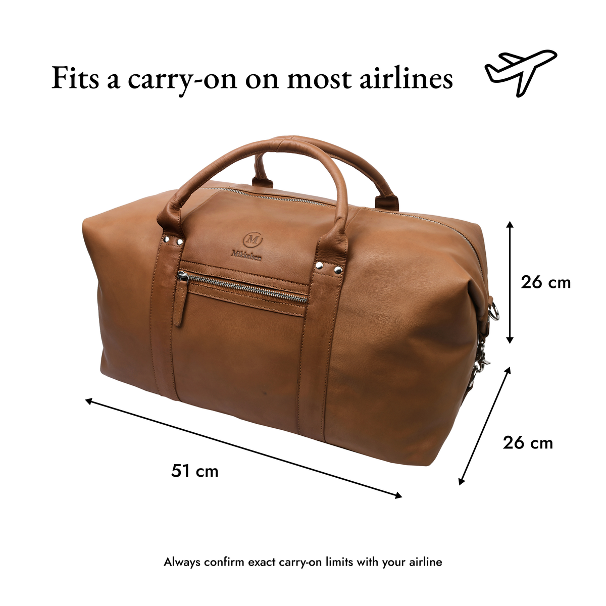 Mikkelsen Copenhagen cognac leather travel bag shown fitting airline carry-on size gauge, 51x26x26cm