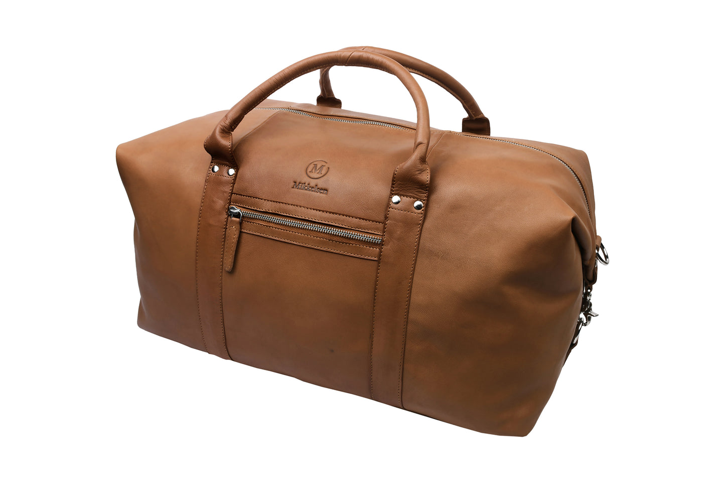 Cognac leather travel bag front view showing YKK brass zipper and front pocket.
