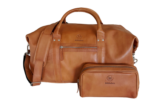 Mikkelsen Copenhagen Cognac Travel Set. Full grain vegetable-tanned leather travel bag and toiletry bag